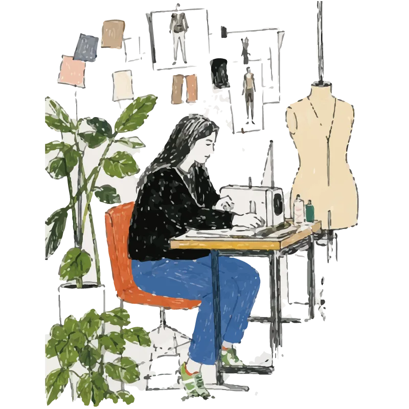 駒場の工房でミシンをかけるスタッフのイラスト